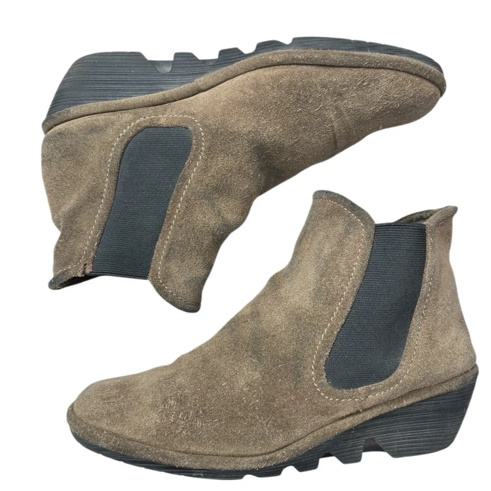 Fly London Boots 39 Yade Ankle Booties Wedge Pull On Brown Suede P500426003